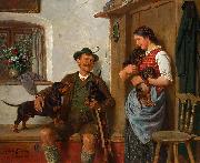Gustav Eberlein Die Dackelfamilie mit Jager und Magd oil painting on canvas